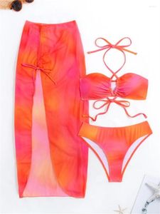 Women's Swimwear Vintage Orange Tie Dye Bikini Set Women Halter Bandage Cross Push Up Skirt 3 Piece Swimsuit Bathing Suit Cover 2024