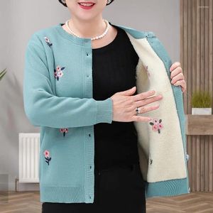 Kvinnors stickor Kvinnor Tröja Cardigan Autumn Winter Sticked Coat Flower Mönster Broderi medelålders gamla lady streetwear