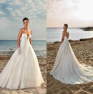 에디 K 2021 웨딩 드레스 섹시한 연인 등이없는 A- 라인 신부 가운 맞춤형 레이스 아플리케 스팽글 스위프 트레인 로브 드 소이어
