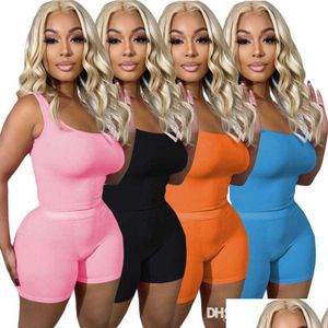 Womens Tracksuits Women Two Pieces Set Designer Solid Color Pit Stripe Vest Shorts Ladies Sports Suits 4 Colors Drop Delivery Appare Dhuhy