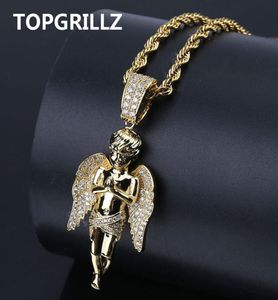 Topgrillz Hiphop Men Men Necklace Gold Color Plated Iced Out Micro Pave CZ Stone Angel Pendant Necklaces Love039Sblessing GIF3596220