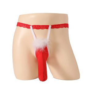 Sexy Mens Christmas Fancy Bikini Bottom Feather Thongs Micro G-String Red Funny T-Back Underwear Hollow Panties Erotic Lingerie