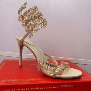 2024ペンダントゴージャスなサンダルRENE CAOVILLA LUXURY DESIGNER CRYSAL LIGHT RAPPED FOOT RING STILETTO WEDDING SHOES RANESTONE 9cm HEID HEELED GLADIATOR SANDAL