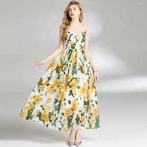 Casual Dresses Summer Bohemian Sleeveless Maxi Dress Women Spaghetti Strap High Waist Yellow Flower Print Holiday Beach Long Vestidos 6837