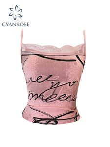 Women Vintage Pink Graphic Print Crop Top Y2k Sleeveless Lace Tank Tops Aesthetic Harajuku Casual Summer 90s Sexy Camisole 240408