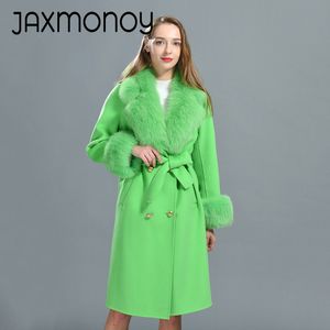 Jaxmonoy Women Cashmere -kappa med lyxig äkta rävpäls och manschetter Ladies Wool Blend Trench Full Hylsa med blet outwear