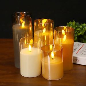 Glass Tube 3D Wick LED Piller Lights Battery Operated Candles Set Home Wedding Party Table DecorationAmber 240412