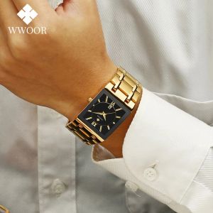 Смотреть Wwoor Mens Square Quartz Watch Watches Золотые черные часы из нержавеющей стали водонепроницаемые автоматические даты