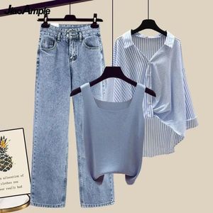 Frauen im Sommer Herbst Denimhose Matching Set Korean Elegant Spleiß gestreiftes Hemd investwide Beinjeans 3 -teilige Anzug 240412