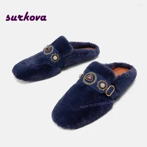 Slippers Round Toe Plush Flat Buckle Gemstone Mules Winter Outside Slip On Women's Shoes Solid Soft Est Warm Luxury