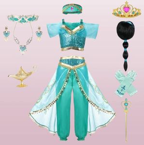 Kid Aladdin e The Magic Lamp039s Princess Top and Calnts Roupas Set com faixa de cabeça Jasmine Birthday Party Dress Up Cosp4796821