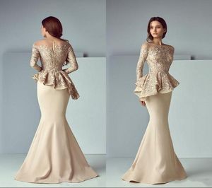 Champagne Mermaid Peplum Prom Dresses Jewel Neck Illusion Long Sleeves Lace Applique Zipper Back Party Evening Morther of Bride Go4354509