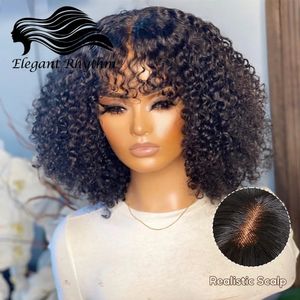 Falsche Kopfhaut Curly mit Pony 180% Dichte Glueless versauter brasilianischer jungfräuliche menschliche Haarspitze mit natürlicher Schwarz 240402