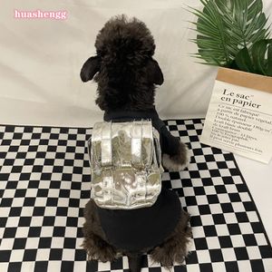 Designer Pet Dog Backpack in pelle argento Logo 3D in rilievo simpatico per cagnolini per cagnolini in uscita Dog Borsa di rimorchio regolabile