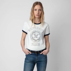 24SS Zadig Voltaire Yeni Niş Tasarımcı Pamuk Tişört Paris İngilizce Mektubu Yazdır Sıcak Elmas Kontrast Renk Yaz Tees Kadın Gevşek Kazak Kısa Kişiş T-Shirt ZV