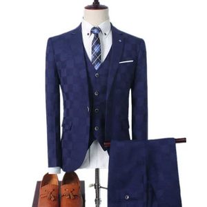 Men's Suits Blazers Plaid Suit Men Blazer Vest Pants Business British Style Wedding Dress Banquet High End Slim Fit Jacket Trousers 3 Piece Set