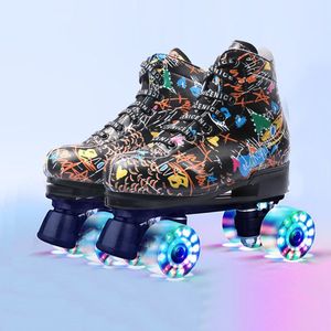 Sapatos de patins de skate de skate piscando 4 rodas de patins profissionais Doodle impressa Sapatos de rolos de linha dupla