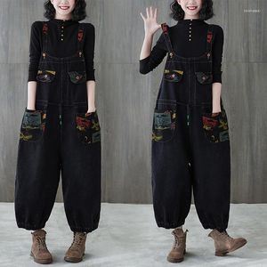 Kvinnor jeans vårhösten harajuku denim jumpsuit svart overall streetwear vintage tryck kvinnlig lös hiphop rompers monos mujer