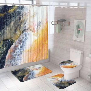 Duschgardiner abstrakt marmor textur badrum gardin uppsättning med badmatta som inte slipar mattan toalettlock täcker modern lyxkonst badkar skärm