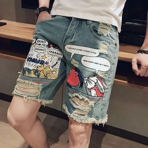 Male Denim Shorts Ripped with Text Mens Short Jeans Pants Multi Color Sale Retro Streetwear Stretch Jorts Vintage Xl Harajuku 240329