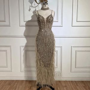 Serene Hill White Naken Mermaid Spaghetti Strap Beaded Feather Evening Dresses Prom Bowns 2024 For Women Wedding Party GLA72047