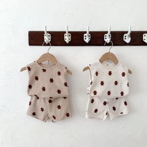 Shorts Newborn Baby Summer Simple Set Baby Girl Cute Bear Print Sleeveless Tshirt And Kid Boy Fashion Cool Cotton Shorts Suit