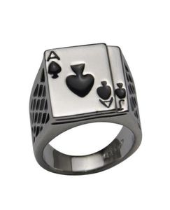 2014 Cool Men039S smycken Chunky 18K White Gold Plated Black Emalj Spader Poker Ring Men4590575