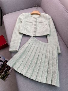 Spring Green Rhinestone Two Piece Dress Sets Long Sleeve Round Neck Tweed Single-Breasted Coat + High Waist Pleated Short Dress Set Two Piece Suits W3D283957