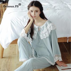 Home Clothing Ankunft Herbst Frauen elegant reine Baumwoll -Spitzen -Blumen -Pyjamas Set Lady Lounge Middle East Stil Nachtwäsche Pijamas Retro 8103