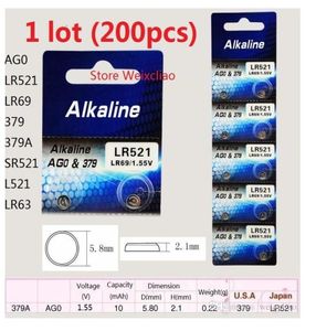 200pcs 1 lot batteries AG0 LR521 LR69 379 379A SR521 L521 LR63 155V Alkaline Button Cell Battery coin Card1077969