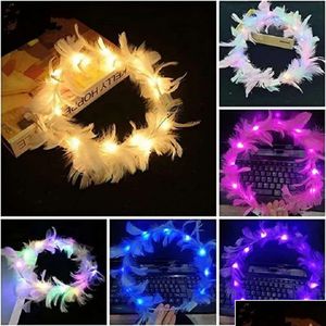 헤어 액세서리 헤드웨어 10pcs 꽃 Led 스카프 빛나는 깃털 천사 천사 크라운 헤드 밴드 웨딩 파티 크리스마스 선물 230815 드로 DHW2F