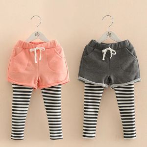 Shorts 2021 Primavera outono Coréia 2 3 4 6 8 10 anos Crianças bolso shorts baby cuxottes laça saia listrada leggings para garotas bebês garotas