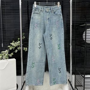 Letra bordada colorida calça jeans jeans roupas femininas moda moda calça solta garotinha Lady Long Pant