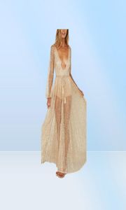 Gold Net Yarn Rhinestones Kobiety Lato długie Maxi Coverps Sukienki plażowe V Szyjki cekiny siatkowe Sundress Kąpiem kąpielowe 4609133
