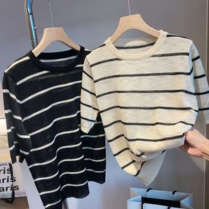 Korean Round Neck Striped Knitted Sweater Six Wool, Summer Thin Style, Slim and Versatile, Loose Fitting T-shirt for Women with Short Sleeves