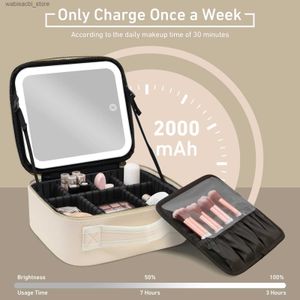 Cosmetic Bags Travel Makeup Bag with Mirror of LED Lighted Makeup Train Case with Adjustable Dividers Detachable 10x Magnifying Mirror L49