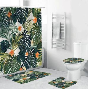 Banyo paspasları tropikal yeşil bitki yaprağı duş perdeleri, kaymaz halı tuvalet kapak kapağı ile banyo dekoru için su geçirmez