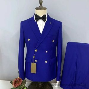 Men's Suits Blazers New Men Casual Double Breasted Solid Color Business Slim 2 Pcs Suit Pants Set Metal Buckle Dress Coat Blazers Jacket Trousers