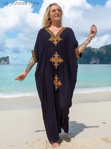 Podstawowe sukienki swobodne haftowany w stylu V-deck Black Sukienka Kaftan plus dla kobiet 2024 Summer Boho Ubrania na plażę noszenie maxi sukienki szatą Q1373 T240412