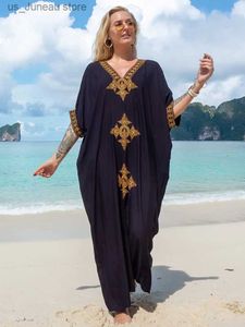 Grundläggande casual klänningar kausal broderad v-hals svart plus storlek kaftan klänning för kvinnor 2024 sommar boho klädstrand slitage maxi klänningar mantel q1373 t240412