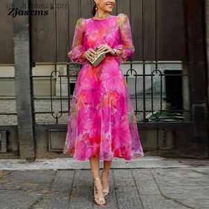 Grundläggande avslappnade klänningar Autumn Women Evening Dress Elegant Female Casual Gaze Floral Printed Dress Spring Lady O Neck 3/4 Puff Slve Swing Party Dress T240412