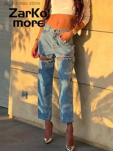 Women's Jeans Diamante Embellished Cutout Womens Denim Trousers High-Waist Zipper Loose Pants 2024 Spring New Fashion Office Lady Bottom T240412