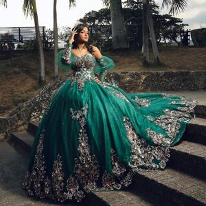 Green Sequined Appliques Lace Beads Ball Gown Quinceanera Dresses Off The Shoulder Ruffles Corset Vestidos De 15 Anos