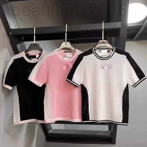 Frauen-T-Shirt-Designerin Xiangxiangjia 2024 Frühling/Sommer Neues Schwarz, Weiß und Pink Temperament Sportbekleidung kurzärmeliger Runde Hals Pullover Strickwear BCMG