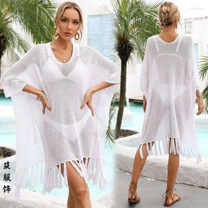 Pareo Cover Up Beach Women Female Dress Summer 2024 Outing Swimsuit Hollowed Out Lace Mesh Bikini Solid Polyester Clothes