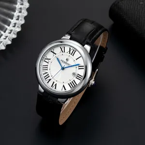 Armbandsur 2024 Fashion Men's Watch Silver Dial Leather Strap Watches Roman Scale Quartz med Golden Business Waterproof Clock