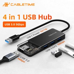 Hubs Cabletime 4 i 1 USB 3.0 HUB USB A 5Gbps Data Syncing Transparent Design Nylon Wire Adapter för bärbar dator Desktop U Disk Mouse C456