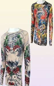 Fashion Men039S Fake Tattoo Tshirts Långärmad elastisk modal tunn över hela tryck Oneck Tattoo Shirts Halloween Clothing Larg1531743