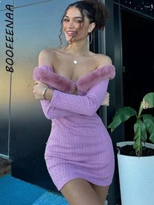 Casual Dresses BOOFEENAA Fuzzy Off Shoulder Long Sleeve Dress For Women's Clothing 2024 Spring Fashion Sexy Short Purple White C15-CH31