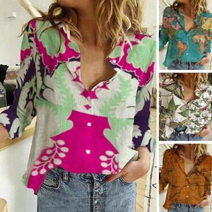 Damenblusen gedruckt lose Fit Bluse Blumenkarten -Druck -Revers -Hemd für Frauen Langarm Streetwear Mode Top Frühling